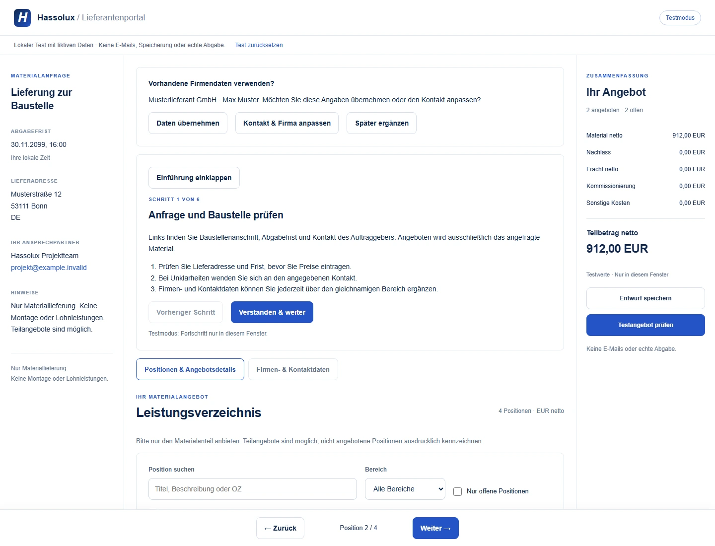 Hassolux Lieferantenportal mit Materialpositionen und Angebotszusammenfassung im Testmodus